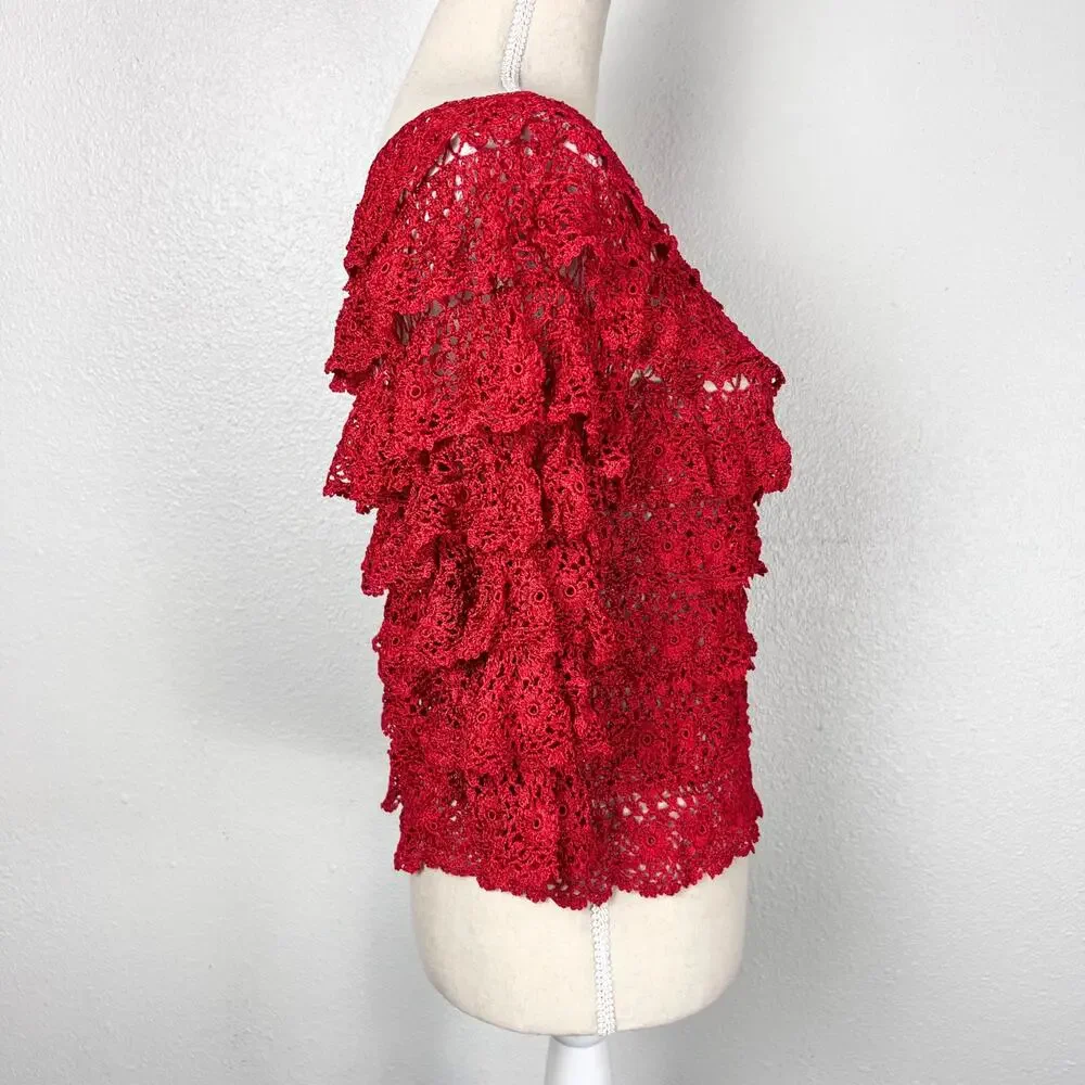 Anea A Red Crochet Lace Ruffle Sleeve Top S/M Boho Romantic Y2K Cottagecore - Picture 5 of 8